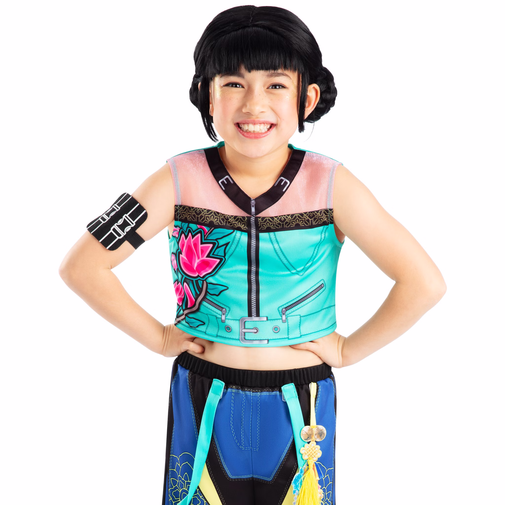 KPop Demon Hunters Perücke Zoey Schwarz Lizenz-Perücke für Kinder Kostüm-Zubehör Filmheld Accessoire Fasching Karneval Mottoparty Lizenzperücke Zoey Kinderperücke aus der KPop Demon Hunters Serie, kombiniert mit passendem Lizenzkostüm, Vorderansicht.