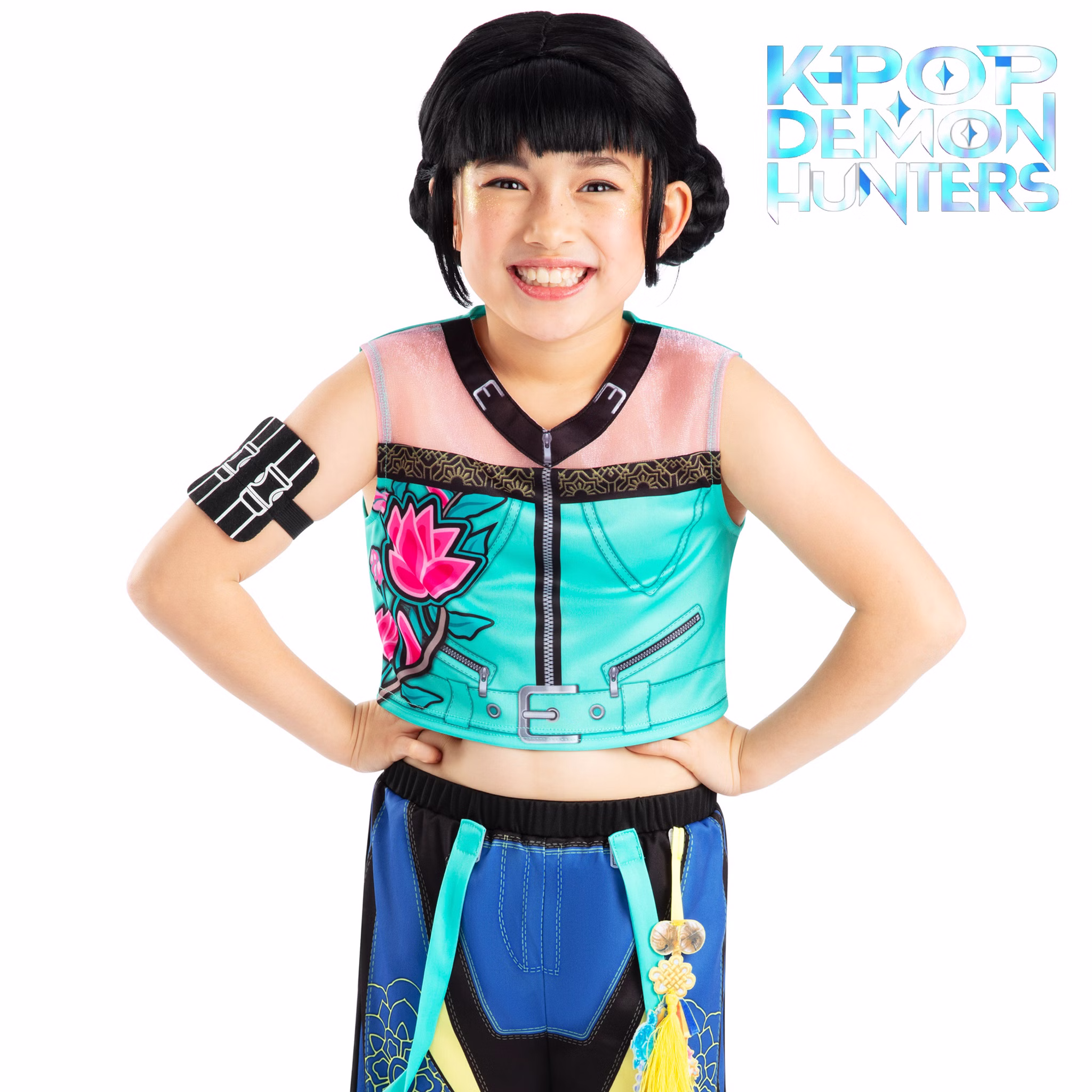 KPop Demon Hunters Perücke Zoey Schwarz Lizenz-Perücke für Kinder Kostüm-Zubehör Filmheld Accessoire Fasching Karneval Mottoparty Lizenzperücke Zoey Kinderperücke aus der KPop Demon Hunters Serie, kombiniert mit passendem Lizenzkostüm, Vorderansicht.
