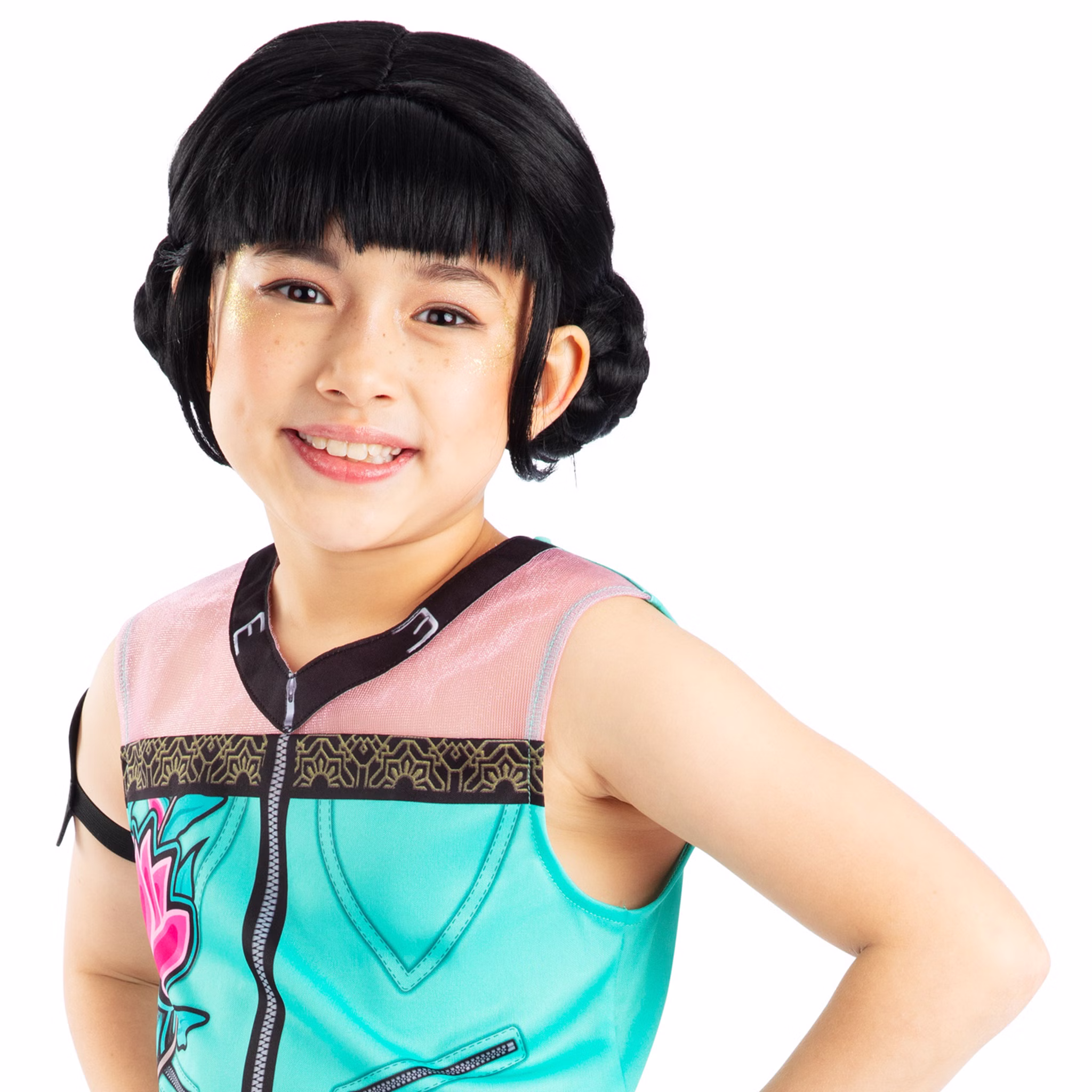 KPop Demon Hunters Perücke Zoey Schwarz Lizenz-Perücke für Kinder Kostüm-Zubehör Filmheld Accessoire Fasching Karneval Mottoparty Lizenzperücke Detailansicht der KPop Demon Hunters Zoey Perücke für Kinder mit sauber geschnittenem Pony und Dutts.
