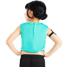 Detailansicht der KPop Demon Hunters Zoey Perücke für Kinder mit sauber geschnittenem Pony und Dutts.