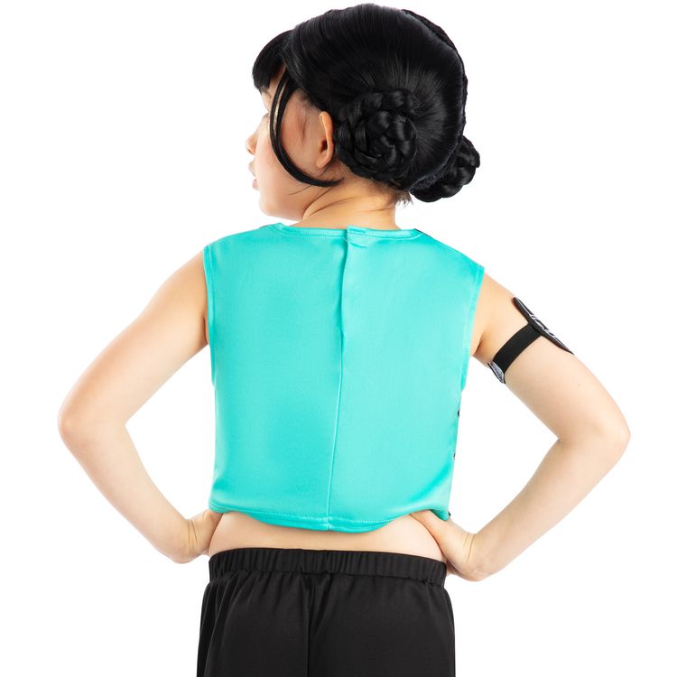 Detailansicht der KPop Demon Hunters Zoey Perücke für Kinder mit sauber geschnittenem Pony und Dutts.