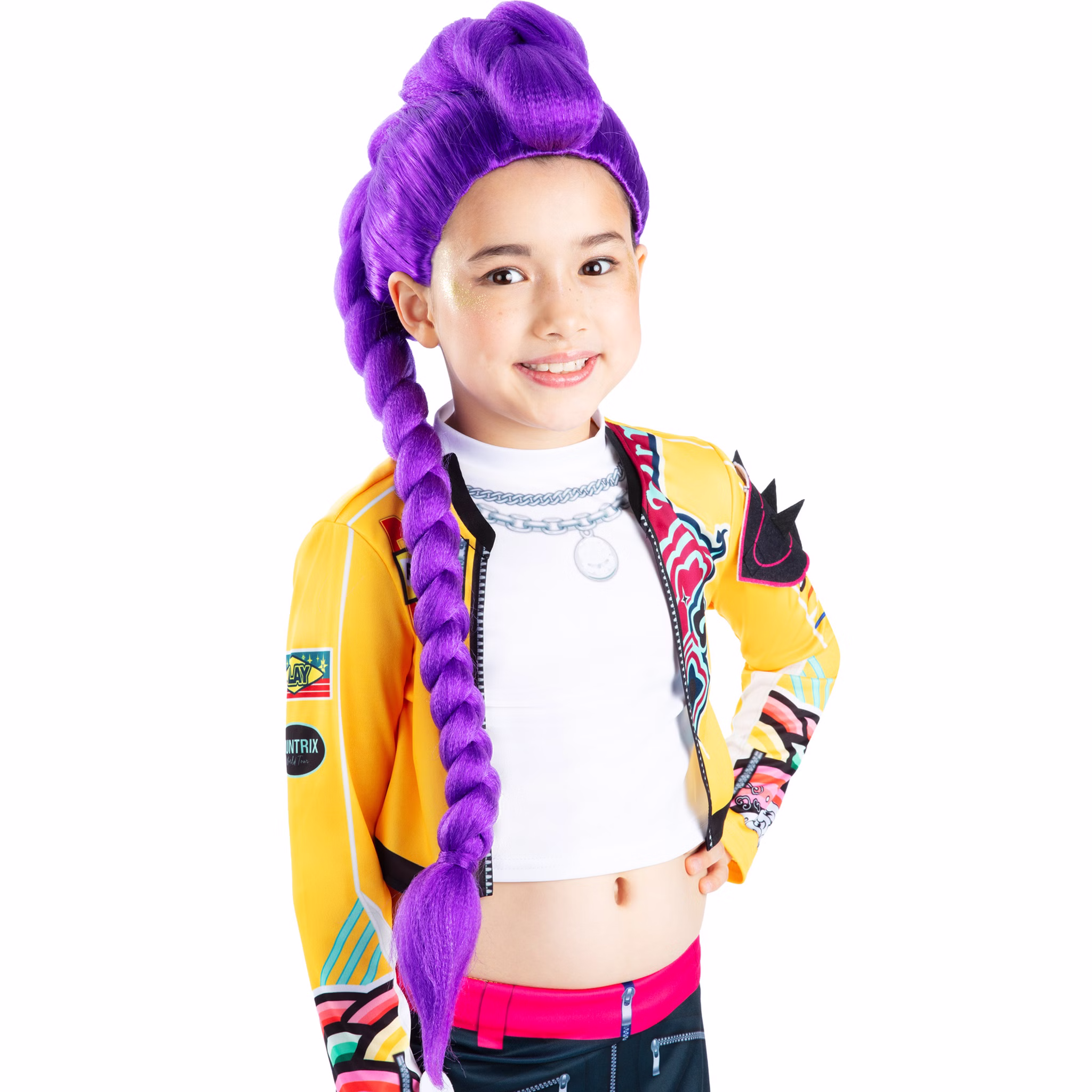 KPop Demon Hunters Perücke Rumi Lila Lizenz-Perücke für Kinder Kostüm-Zubehör Filmheld Accessoire Fasching Karneval Mottoparty Lizenzperücke Schräg fotografierte Rumi Lizenz-Perücke für Kinder, lila Flechtzopf und voluminöse Hochsteck-Frisur gut sichtbar.