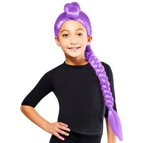 Schräg fotografierte Rumi Lizenz-Perücke für Kinder, lila Flechtzopf und voluminöse Hochsteck-Frisur gut sichtbar.
