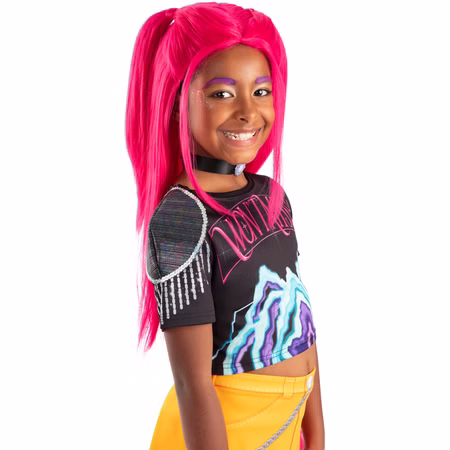 KPop Demon Hunters Perücke Mira Pink Lizenz-Perücke für Kinder Kostüm-Zubehör Filmheld Accessoire Fasching Karneval Mottoparty Lizenzperücke Kinderperücke „Mira Pink“ aus der KPop Demon Hunters Serie, pinkfarbene Langhaar-Perücke in charakteristischer Stylingform, schräg von vorne fotografiert.