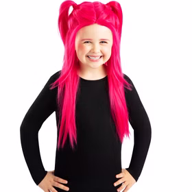 KPop Demon Hunters Perücke Mira Pink Lizenz-Perücke für Kinder Kostüm-Zubehör Filmheld Accessoire Fasching Karneval Mottoparty Lizenzperücke Kinder-Lizenzperücke „Mira Pink“ aus KPop Demon Hunters mit leuchtend pinken, langen Haaren und hoher Ponyfrisur, frontal aufgenommen vor weißem Hintergrund.