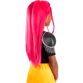 Kinderperücke „Mira Pink“ aus der KPop Demon Hunters Serie, pinkfarbene Langhaar-Perücke in charakteristischer Stylingform, schräg von vorne fotografiert.