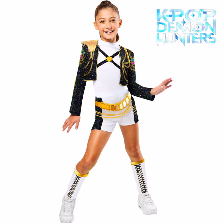 KPop Demon Hunters Kostüm Rumi Golden Deluxe für Kinder 7-13 Jahre Lizenzkostüm Fasching Karneval Mottoparty Rollenspiel Kindegeburtstag KPop Demon Hunters Lizenzkostüm Rumi Golden Deluxe für Kinder mit offiziellem Serienlogo