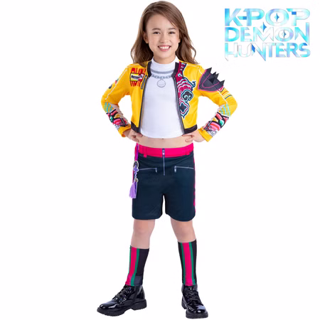 KPop Demon Hunters Kostüm Rumi Core für Kinder 7-13 Jahre Lizenzkostüm Original Kinderkostüm Filmheld Fasching Karneval Mottoparty Rollenspiel Cosplay KPop-Style Kind im KPop Demon Hunters Kostüm Rumi Golden Deluxe in gelb, schwarz und pink, Frontansicht mit Serienlogo, sportliches Lizenzkostüm für Kinder.
