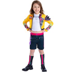 Kind im KPop Demon Hunters Kostüm Rumi Golden Deluxe in gelb, schwarz und pink, Frontansicht mit Serienlogo, sportliches Lizenzkostüm für Kinder.