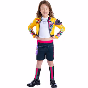 KPop Demon Hunters Kostüm Rumi Core für Kinder 7-13 Jahre Lizenzkostüm Original Kinderkostüm Filmheld Fasching Karneval Mottoparty Rollenspiel Cosplay KPop-Style Kind trägt das KPop Demon Hunters Kostüm Rumi Golden Deluxe mit gelber Jacke, weißem Crop-Top, schwarzen Shorts mit pinkem Bund und farbigen Beinstulpen, stehend vor weißem Hintergrund.