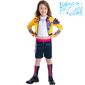 Kind im KPop Demon Hunters Kostüm Rumi Golden Deluxe in gelb, schwarz und pink, Frontansicht mit Serienlogo, sportliches Lizenzkostüm für Kinder.