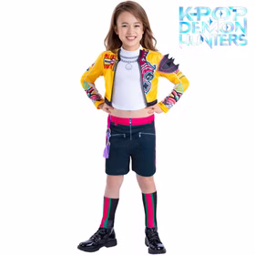 KPop Demon Hunters Kostüm Rumi Core für Kinder 7-13 Jahre Lizenzkostüm Original Kinderkostüm Filmheld Fasching Karneval Mottoparty Rollenspiel Cosplay KPop-Style Kind im KPop Demon Hunters Kostüm Rumi Golden Deluxe in gelb, schwarz und pink, Frontansicht mit Serienlogo, sportliches Lizenzkostüm für Kinder.