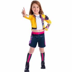 KPop Demon Hunters Kostüm Rumi Core für Kinder 7-13 Jahre Lizenzkostüm Original Kinderkostüm Filmheld Fasching Karneval Mottoparty Rollenspiel Cosplay KPop-Style Kind im KPop Demon Hunters Kostüm Rumi Golden Deluxe zeigt eine dynamische Pose mit erhobenem Finger, gelbe Jacke und schwarze Shorts deutlich sichtbar.