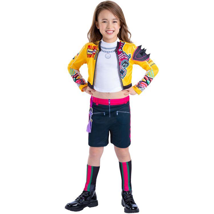 Kind im KPop Demon Hunters Kostüm Rumi Golden Deluxe in gelb, schwarz und pink, Frontansicht mit Serienlogo, sportliches Lizenzkostüm für Kinder.