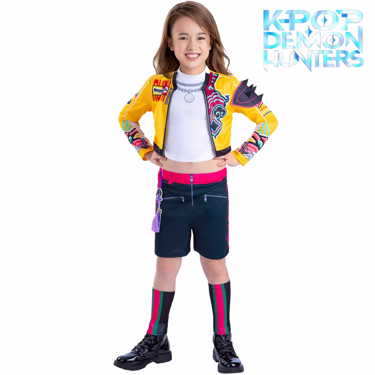 KPop Demon Hunters Kostüm Rumi Core für Kinder 7-13 Jahre Lizenzkostüm Original Kinderkostüm Filmheld Fasching Karneval Mottoparty Rollenspiel Cosplay KPop-Style Kind im KPop Demon Hunters Kostüm Rumi Golden Deluxe in gelb, schwarz und pink, Frontansicht mit Serienlogo, sportliches Lizenzkostüm für Kinder.