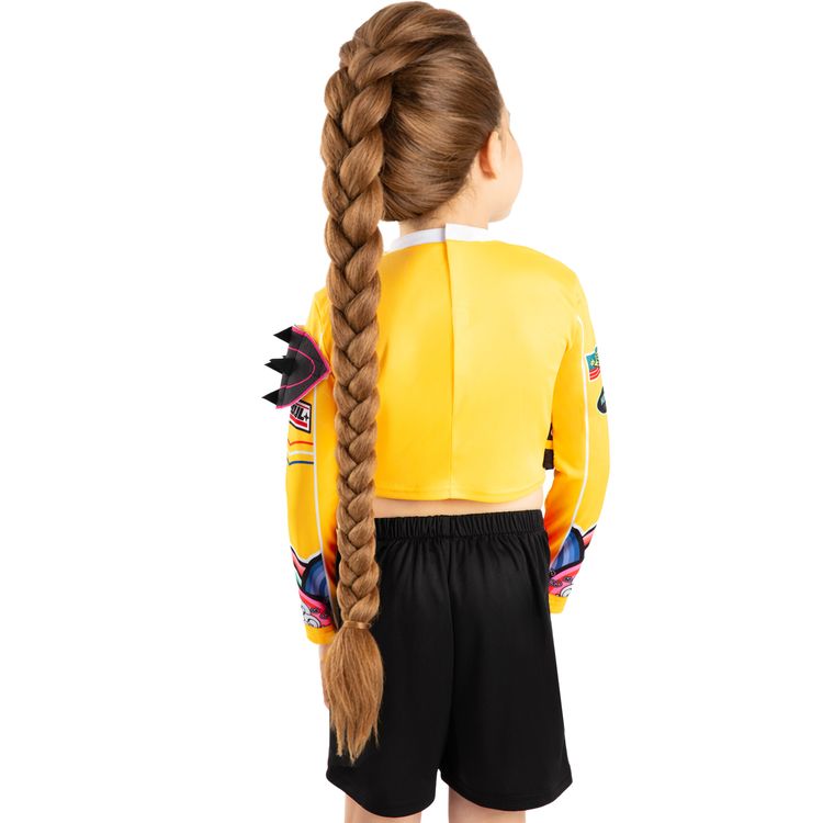 Kind im KPop Demon Hunters Kostüm Rumi Golden Deluxe in gelb, schwarz und pink, Frontansicht mit Serienlogo, sportliches Lizenzkostüm für Kinder.