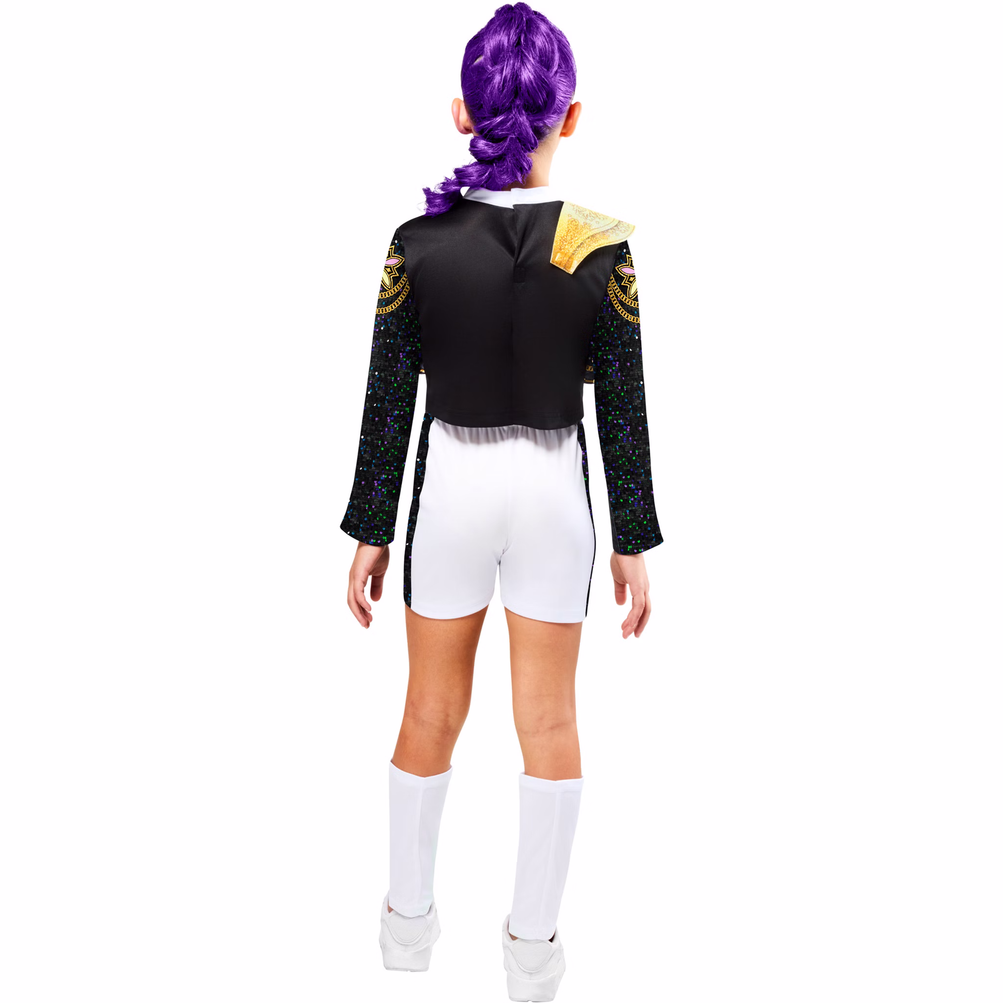 Rumi Core Golden Deluxe Kostüm mit Perücke KPop Demon Hunters Kostüm für Kinder Lizenzkostüm 7-13 Jahre Fasching Karneval Mottoparty Rollenspiel Theater Geburtstag Rückansicht des Rumi Core Kostüms mit kurzem Glitzer-Oberteil, weißen Shorts und kniehohen Beinstulpen.