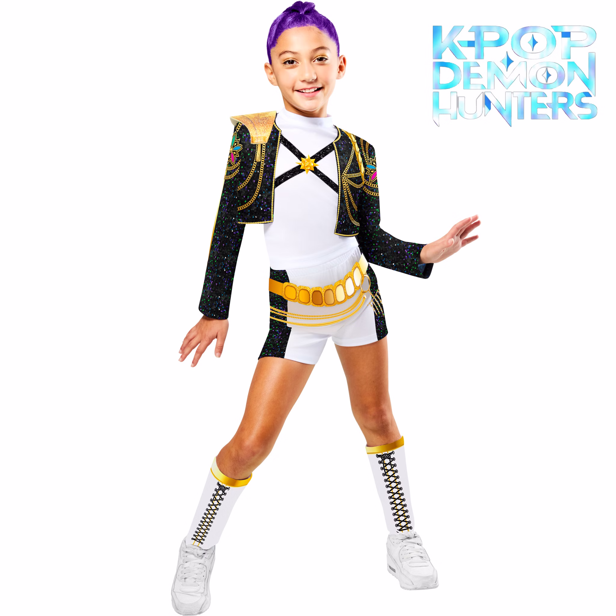 Rumi Core Golden Deluxe Kostüm mit Perücke KPop Demon Hunters Kostüm für Kinder Lizenzkostüm 7-13 Jahre Fasching Karneval Mottoparty Rollenspiel Theater Geburtstag Kind trägt das Rumi Core Golden Deluxe Kostüm mit schwarzem Glitzer-Oberteil, goldenen Details, Shorts und Beinstulpen.