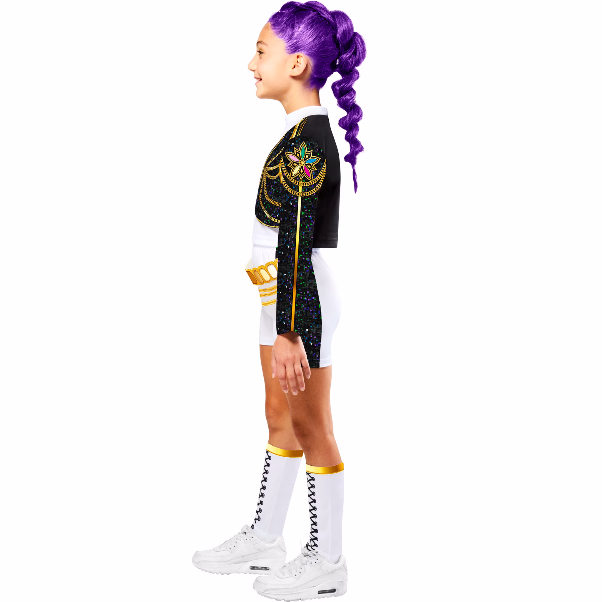 Rumi Core Golden Deluxe Kostüm mit Perücke KPop Demon Hunters Kostüm für Kinder Lizenzkostüm 7-13 Jahre Fasching Karneval Mottoparty Rollenspiel Theater Geburtstag Seitenprofil des Kinderkostüms mit dekorativen Schulterdetails, Glitzerstoff und auffälligem Gürtelmotiv.