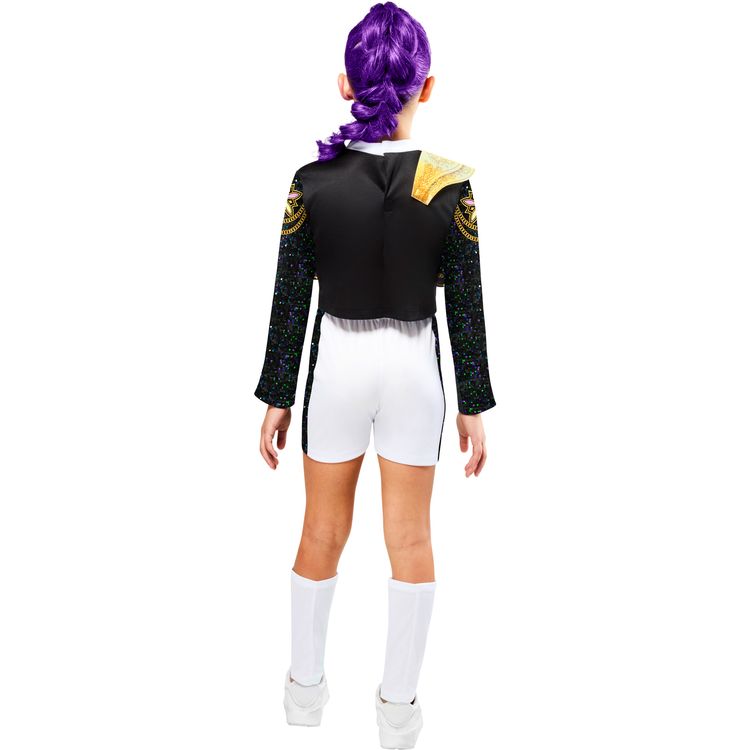 Kind trägt das Rumi Core Golden Deluxe Kostüm mit schwarzem Glitzer-Oberteil, goldenen Details, Shorts und Beinstulpen.