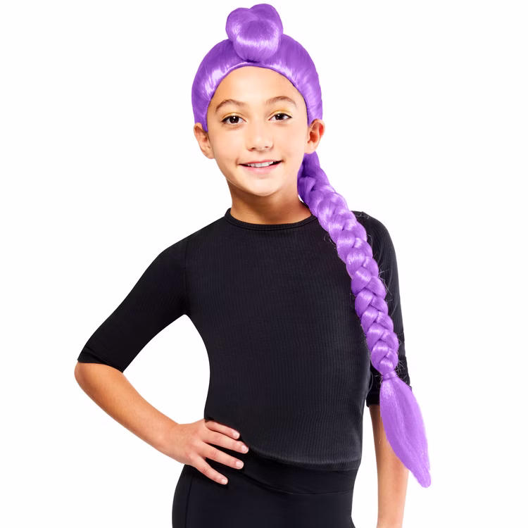 Rumi Core Golden Deluxe Kostüm mit Perücke KPop Demon Hunters Kostüm für Kinder Lizenzkostüm 7-13 Jahre Fasching Karneval Mottoparty Rollenspiel Theater Geburtstag Detailaufnahme der violetten Perücke mit langem Zopf zur Ergänzung des Rumi Core Kostüms für Kinder.