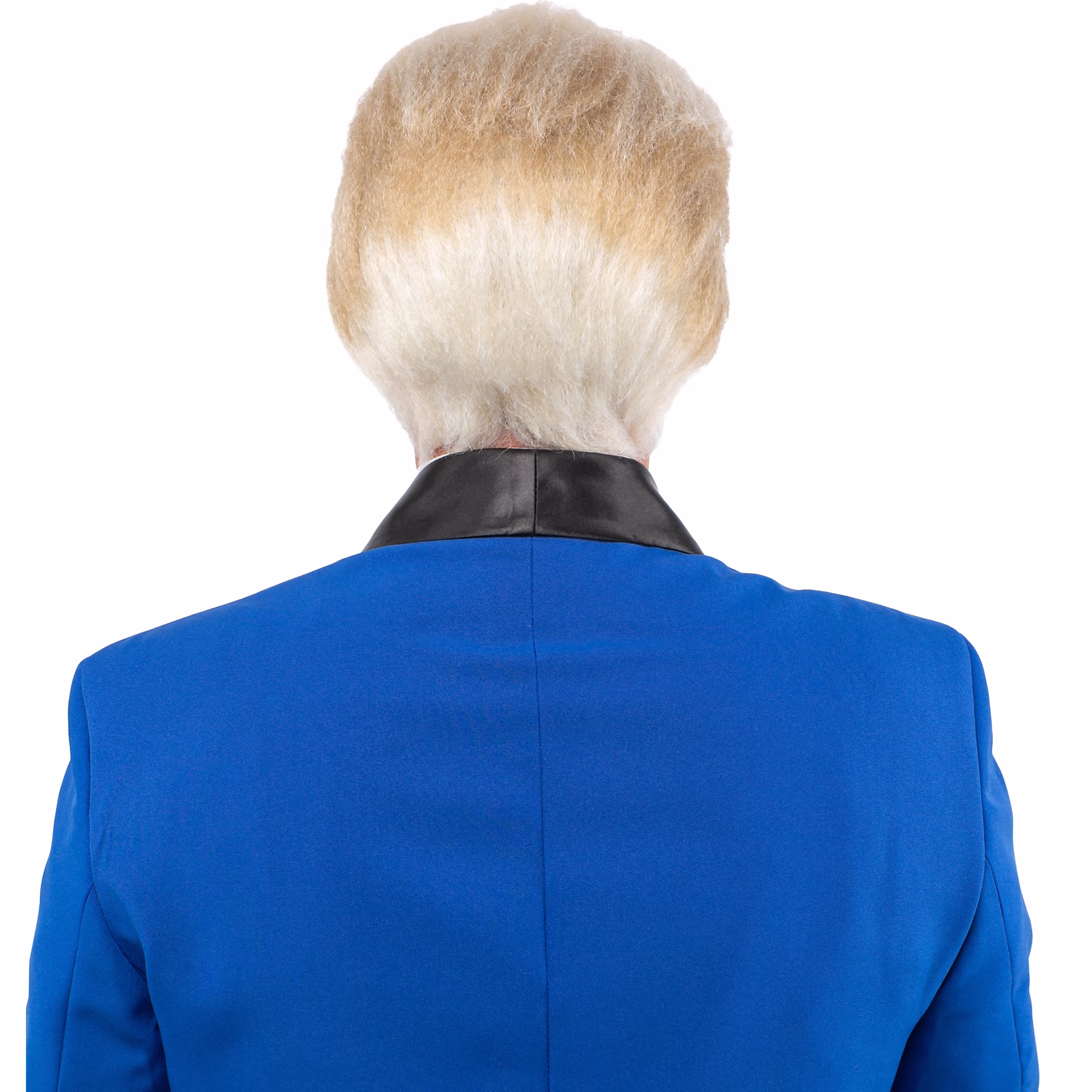 Ein Mann im blauen Anzug, von hinten fotografiert, trägt eine blonde Kurzhaarperücke mit voluminösem Hinterkopf – ideal für Karneval, Fasching oder Parodie-Kostüme.