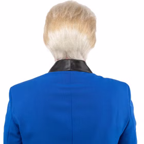 Politiker-Perücke Donald Blond von Hinten. Ein Mann im blauen Anzug, von hinten fotografiert, trägt eine blonde Kurzhaarperücke mit voluminösem Hinterkopf – ideal für Karneval, Fasching oder Parodie-Kostüme.