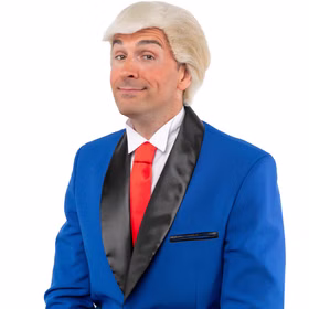 Politiker-Perücke Donald Blond von Vorne. Ein Mann mit blonder Kurzhaarperücke und roter Krawatte lächelt charmant in die Kamera – perfekte Spaßperücke für Karneval und Mottopartys.