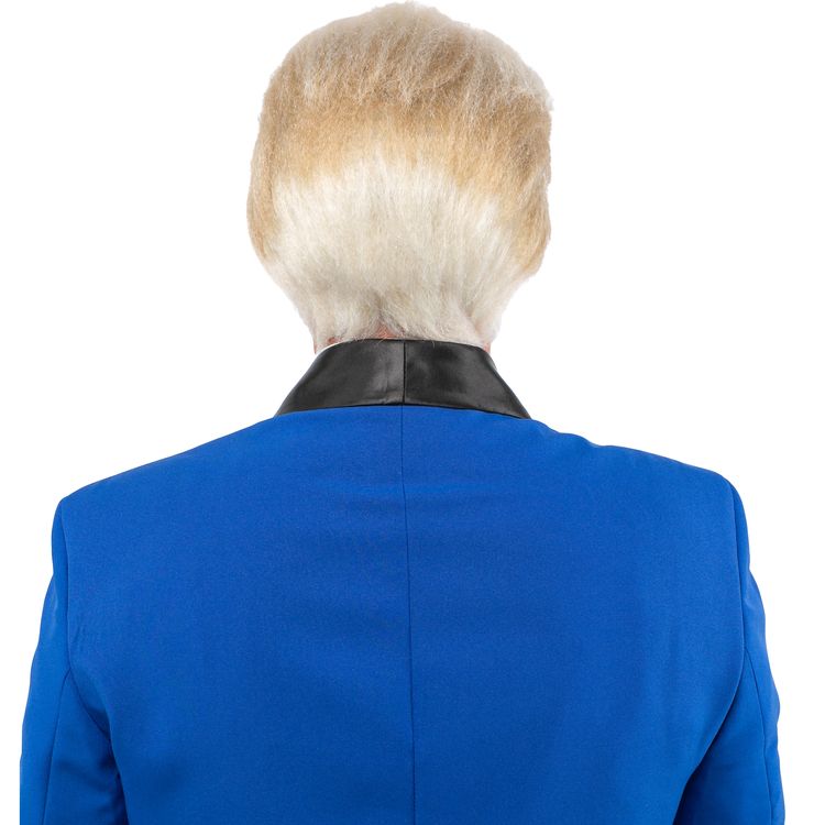 Politiker Perücke Blonde Kurzhaarperücke Donald für Herren Ein Mann mit blonder Kurzhaarperücke und roter Krawatte lächelt charmant in die Kamera – perfekte Spaßperücke für Karneval und Mottopartys.