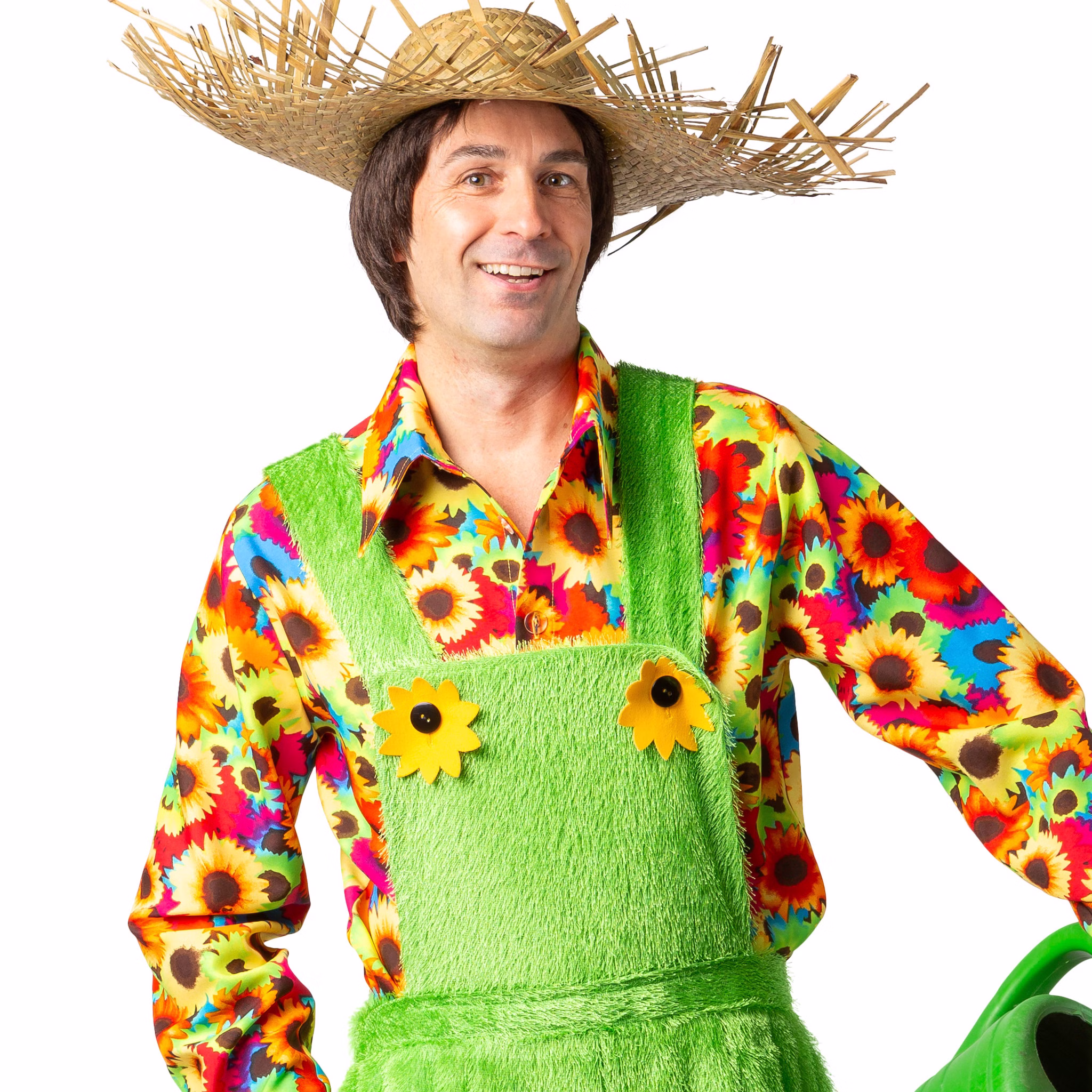 Gärtner Kostüm Latzhose Grüne Wiese Sunflower für Herren Gr. 46-60 Berufe Gärtnerkostüm Fasching Karneval Mottoparty Paar- und Gruppenkostüme Ein Mann trägt die grüne Latzhose mit gelben Sonnenblumenknöpfen und ein buntes Hemd mit Sonnenblumenmuster. Auf dem Kopf hat er einen Strohhut – ein fröhliches Gärtner-Outfit.