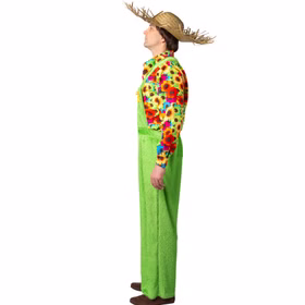 Gärtner Kostüm Latzhose Grüne Wiese Sunflower für Herren Gr. 46-60 Berufe Gärtnerkostüm Fasching Karneval Mottoparty Paar- und Gruppenkostüme Seitenansicht des Kostüms: Der Mann trägt eine leuchtend grüne Latzhose aus flauschigem Stoff, ein buntes Hemd mit Sonnenblumen und einen Strohhut.