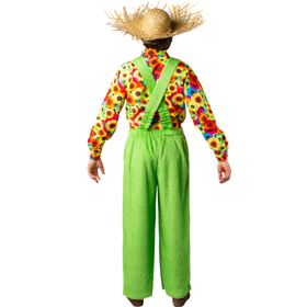 Vorderansicht des kompletten Kostüms: Der Mann steht mit einer grünen Gießkanne in der Hand, trägt eine grüne Latzhose mit Sonnenblumenknöpfen und ein buntes Hemd – ein witziges Outfit für Fasching oder Mottopartys.