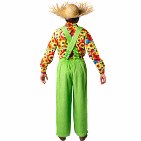 Gärtner Kostüm Latzhose Grüne Wiese Sunflower für Herren Gr. 46-60 Berufe Gärtnerkostüm Fasching Karneval Mottoparty Paar- und Gruppenkostüme Rückansicht des Gärtnerkostüms: Der Mann trägt eine grüne Latzhose mit gekreuzten Trägern über einem bunten Sonnenblumenhemd und einem Strohhut.