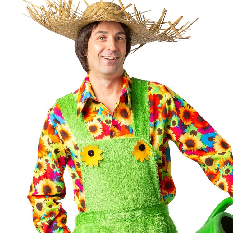 Gärtner Kostüm Latzhose Grüne Wiese Sunflower für Herren Vorderansicht des kompletten Kostüms: Der Mann steht mit einer grünen Gießkanne in der Hand, trägt eine grüne Latzhose mit Sonnenblumenknöpfen und ein buntes Hemd – ein witziges Outfit für Fasching oder Mottopartys.