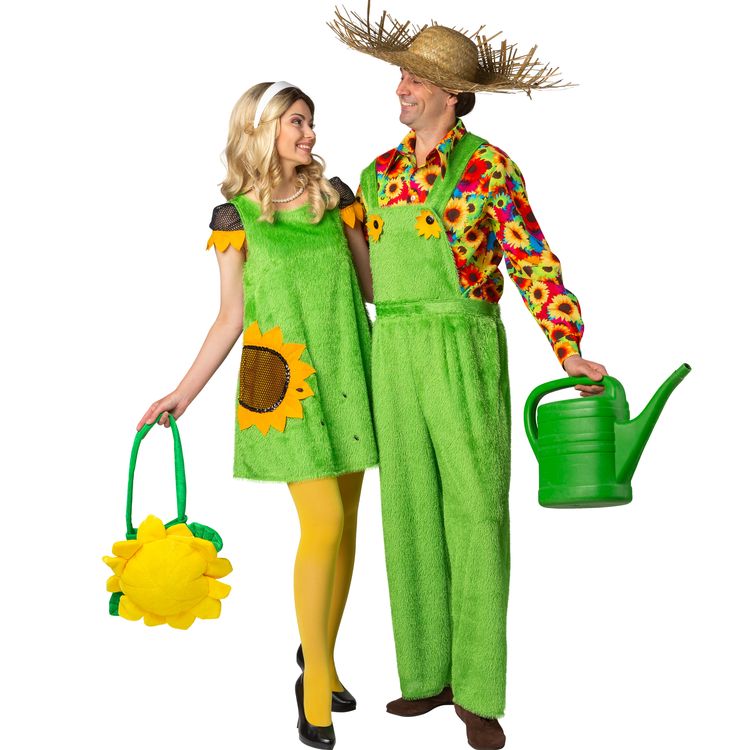 Gärtner Kostüm Latzhose Grüne Wiese Sunflower für Herren Vorderansicht des kompletten Kostüms: Der Mann steht mit einer grünen Gießkanne in der Hand, trägt eine grüne Latzhose mit Sonnenblumenknöpfen und ein buntes Hemd – ein witziges Outfit für Fasching oder Mottopartys.