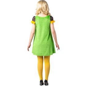 Frontansicht des Damenkostüms: Die Frau trägt ein grünes Kleid mit Sonnenblumenmotiv, gelbe Strumpfhosen und schwarze Pumps. In der Hand hält sie eine passende Tasche in Form einer großen, gelben Blüte.