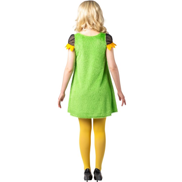 Frontansicht des Damenkostüms: Die Frau trägt ein grünes Kleid mit Sonnenblumenmotiv, gelbe Strumpfhosen und schwarze Pumps. In der Hand hält sie eine passende Tasche in Form einer großen, gelben Blüte.