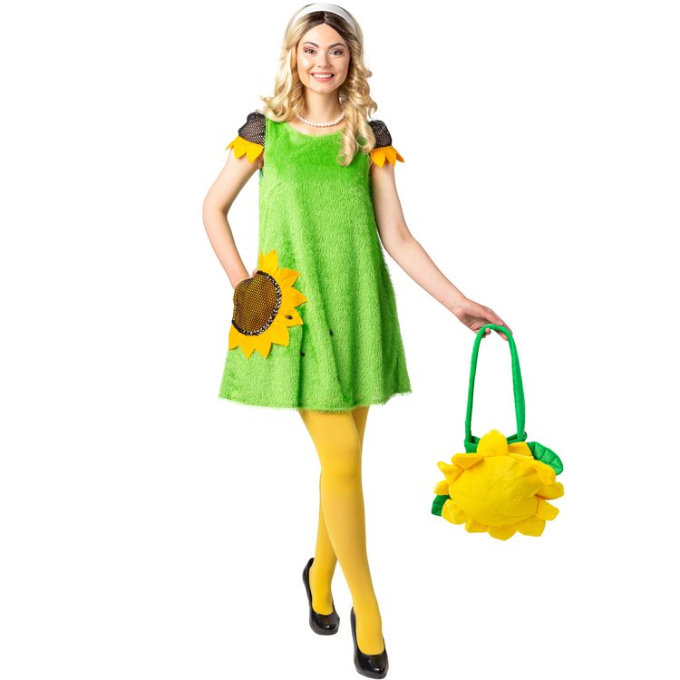 Frontansicht des Damenkostüms: Die Frau trägt ein grünes Kleid mit Sonnenblumenmotiv, gelbe Strumpfhosen und schwarze Pumps. In der Hand hält sie eine passende Tasche in Form einer großen, gelben Blüte.