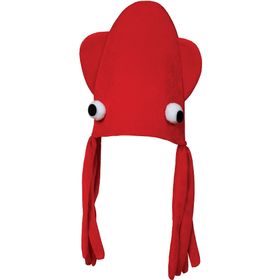 Frau trägt einen leuchtend roten Tintenfisch-Hut mit großen weißen Augen und herabhängenden Tentakeln. Der Oktopus sitzt witzig auf dem Kopf, das Kostümaccessoire sorgt für humorvollen Partylook.