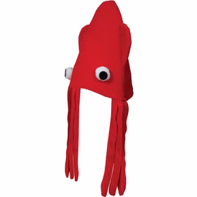 Seitenansicht des roten Oktopus-Huts mit langen Tentakeln und runden Augen. Der Hut besteht aus weichem Stoff und ist formstabil gearbeitet.