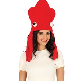 Frau trägt einen leuchtend roten Tintenfisch-Hut mit großen weißen Augen und herabhängenden Tentakeln. Der Oktopus sitzt witzig auf dem Kopf, das Kostümaccessoire sorgt für humorvollen Partylook.