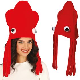 Frau trägt einen leuchtend roten Tintenfisch-Hut mit großen weißen Augen und herabhängenden Tentakeln. Der Oktopus sitzt witzig auf dem Kopf, das Kostümaccessoire sorgt für humorvollen Partylook.