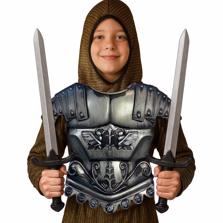Gladiator Kostüm Set Kettenhemd mit Rüstung & 2 Schwerter für Kinder Gr. 116-140 Antike Römer Fasching Karneval Mottoparty Kindergeburtstag Rollenspiel Ein lächelndes Kind in einem goldbraunen Kettenhemd trägt eine silberne Gladiator-Rüstung und hält zwei Spielzeug-Schwerter in den Händen, jeweils eines links und rechts.