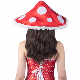 Fliegenpilz Hut Rot mit Punkten und Rüschen Märchen-Hut für Erwachsene Kostüm-Zubehör Fasching Karneval Mottoparty DIY-Kostüme Rückansicht einer Frau mit langen, dunklen Haaren. Sie trägt einen großen, roten Fliegenpilz-Hut mit weißen Punkten und weißem Rüschenrand. Das dazu passende rot-weiße Pünktchenkleid ist am Rücken geschnürt.