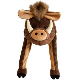 Braune Mütze in Form eines Wildschweines freigestellt vor weißem Hintergrund von Vorne.