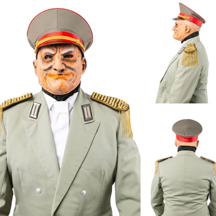 Offiziers-Hut Staatsüberwacher Nostalgie Hut mit rotem Band für Erwachsene Mann mit Maske und Uniform mit einem Offiziers-Hut mit rotem Band von Vorne