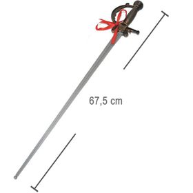 Kostüm-Schwert im Look eines historischen Dragoner-Säbels mit bronzefarbenem Griff, daneben die passende schwarze Schwert-Hülle in voller Länge, beide sauber nebeneinander angeordnet.