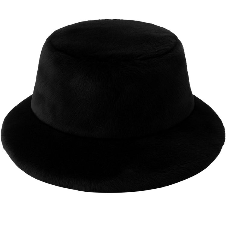 Schwarze Plüsch-Fischermütze in klassischer Form liegt vor weißem Hintergrund. Der weiche Flor verleiht ihr einen eleganten Glanz.