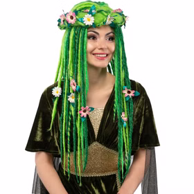 Waldfee Perücke Flora Grün Langhaar mit Filzlocken & Blumenkranz für Damen Kostüm-Zubehör Fasching Karneval Mottoparty Märchen Frontansicht einer Waldfee-Perücke in Grün mit langen, gefilzten Strähnen und einem floralen Blumenkranz aus rosa und weißen Blüten.