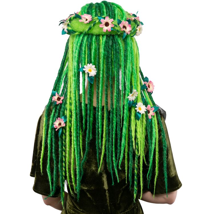 Frontansicht einer Waldfee-Perücke in Grün mit langen, gefilzten Strähnen und einem floralen Blumenkranz aus rosa und weißen Blüten.